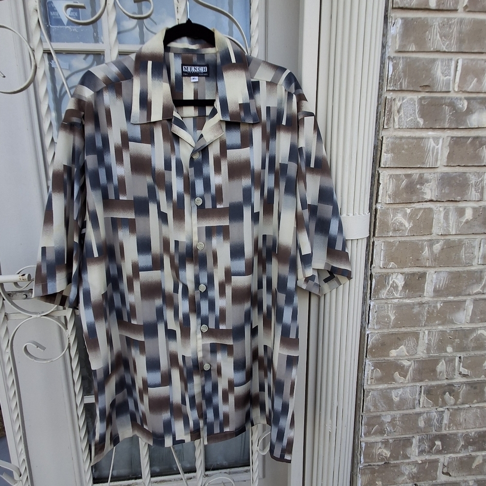 Mench Platinum Men XL Tan Windowpane Short Sleeve Polyester Button-down Shirt - Picture 5 of 13
